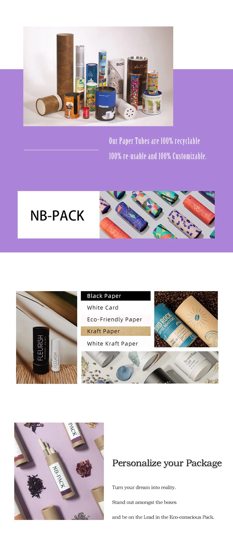 Nb-Pack Custom Shaker White Food Small Luxury Nuts Essential Oil Bottle Biodegradable Paper Tube Packaging Paper Tube Box